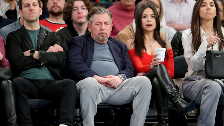 Mar 20, 2023; New York, New York, USA; New York Knicks executive chairman James Dolan watches during the second quarter against the Minnesota Timberwolves at Madison Square Garden. Mandatory Credit: Brad Penner-Imagn Images