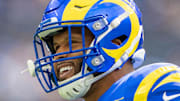 October 15, 2023; Inglewood, California, USA; Los Angeles Rams defensive tackle Aaron Donald (99) before the game against the Arizona Cardinals at SoFi Stadium. Mandatory Credit: Kyle Terada-Imagn Images