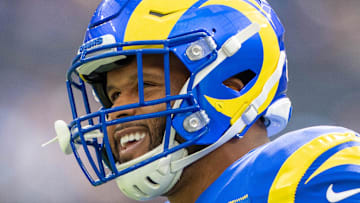 October 15, 2023; Inglewood, California, USA; Los Angeles Rams defensive tackle Aaron Donald (99) before the game against the Arizona Cardinals at SoFi Stadium. Mandatory Credit: Kyle Terada-Imagn Images