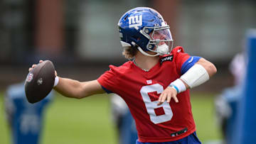 May 10, 2025; East Rutherford, NJ, USA; New York Giants quarterback Jaxson Dart (6) throws a pass during rookie minicamp at Quest Diagnostics Training Center. Mandatory Credit: John Jones-Imagn Images