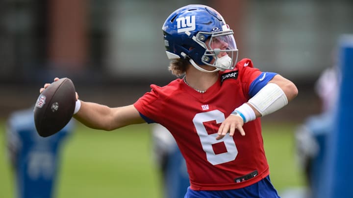 May 10, 2025; East Rutherford, NJ, USA; New York Giants quarterback Jaxson Dart (6) throws a pass during rookie minicamp at Quest Diagnostics Training Center. Mandatory Credit: John Jones-Imagn Images