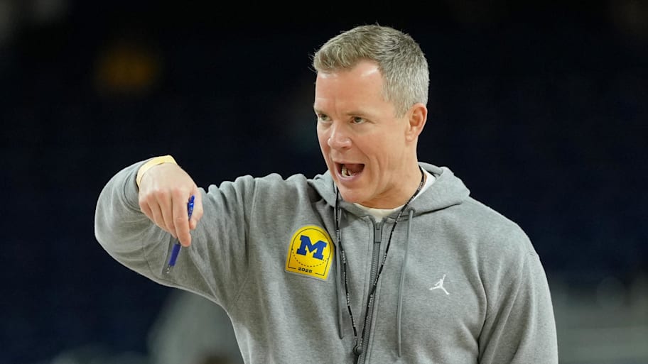 Michigan Wolverines head coach Dusty May looks on during a practice session ahead of the Final Four.