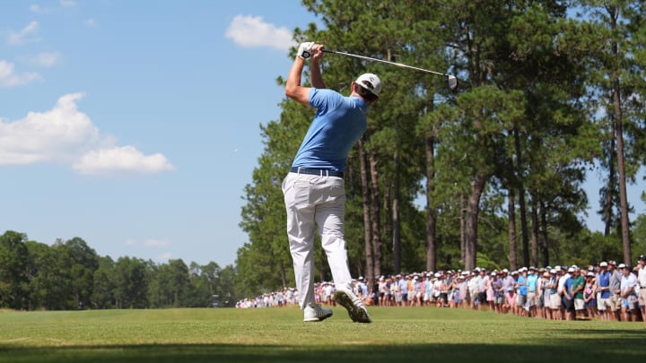 Patrick Cantlay tees off during the third round of the 2023 U.S. Open. 