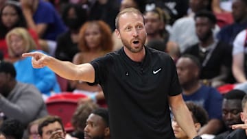 Jul 17, 2022; Las Vegas, NV, USA; Portland Trail Blazers Summer League head coach Steve Hetzel watches game action during the NBA Summer League Championship game against the New York Knicks at Thomas & Mack Center.  Mandatory Credit: Stephen R. Sylvanie-Imagn Images