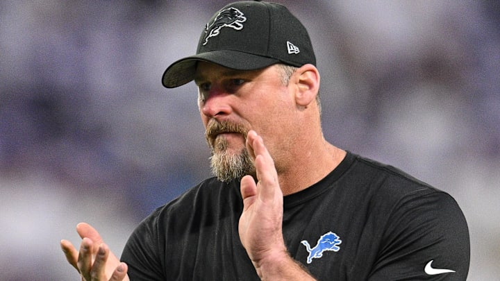 Detroit Lions head coach Dan Campbell reacts before the game against the Minnesota Vikings at U.S. Bank Stadium.