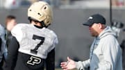 Purdue Boilermakers defensive back Crew Wakley (7) talks to head coach Barry Odom