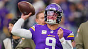 Nov 9, 2025; Minneapolis, Minnesota, USA; Minnesota Vikings quarterback J.J. McCarthy (9) warms up before the game against the Baltimore Ravens at U.S. Bank Stadium.