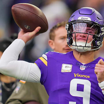 Nov 9, 2025; Minneapolis, Minnesota, USA; Minnesota Vikings quarterback J.J. McCarthy (9) warms up before the game against the Baltimore Ravens at U.S. Bank Stadium.