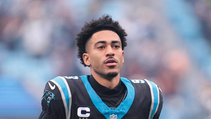 Nov 30, 2025; Charlotte, North Carolina, USA;  Carolina Panthers quarterback Bryce Young (9) takes the field before the game against the Los Angeles Rams at Bank of America Stadium. Mandatory Credit: Scott Kinser-Imagn Images