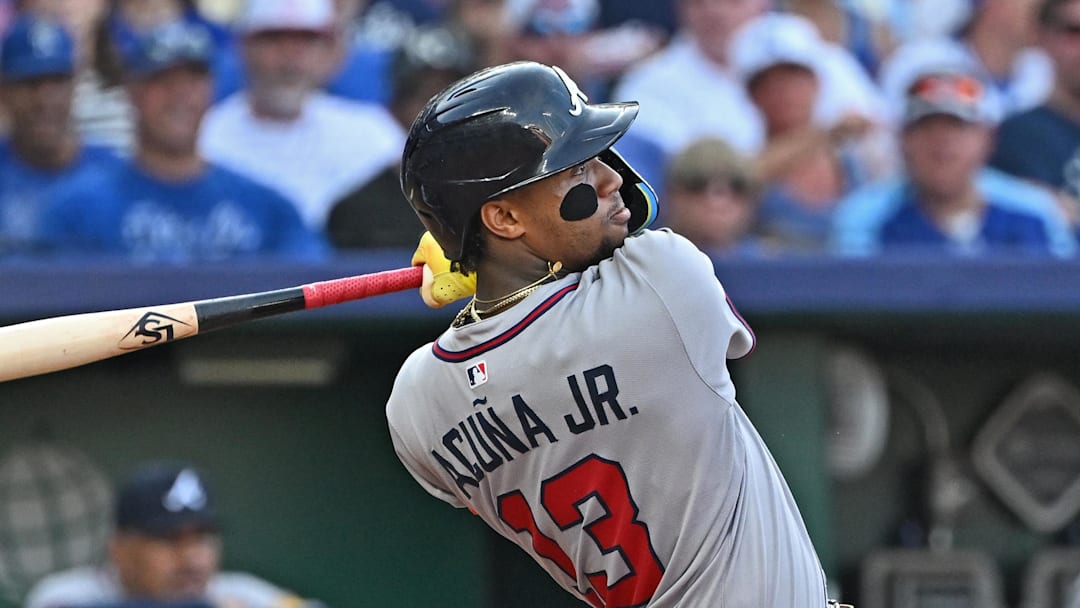 Jul 28, 2025; Kansas City, Missouri, USA;  Atlanta Braves right fielder Ronald Acuna Jr. (13) hits a two-run home run in the third inning against the Kansas City Royals at Kauffman Stadium. Mandatory Credit: Peter Aiken-Imagn Images