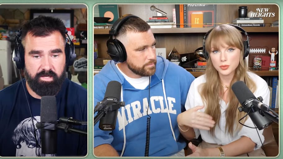 Taylor Swift on "New Heights" with Jason Kelce and Travis Kelce. | Via New Heights on YouTUb