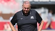 Arkansas Razorbacks head coach Sam Pittman during the fourth quarter against the Notre Dame Fighting Irish. Pittman was fired the following day.