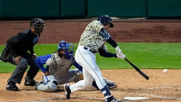 Apr 3, 2024; Columbus, OH, USA; Columbus Clippers first baseman Kyle Manzardo (9) hits a home run off Omaha Storm Chasers pitcher Dan Altavilla during Opening Day at Huntington Park.