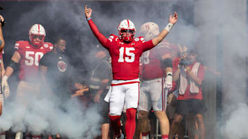 Oct 4, 2025; Lincoln, Nebraska, USA;Nebraska Cornhuskers quarterback Dylan Raiola (15) before the start of the game against Michigan State at Memorial Stadium. Mandatory Credit: Kylie Graham-Imagn Images