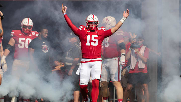 Oct 4, 2025; Lincoln, Nebraska, USA;Nebraska Cornhuskers quarterback Dylan Raiola (15) before the start of the game against Michigan State at Memorial Stadium. Mandatory Credit: Kylie Graham-Imagn Images