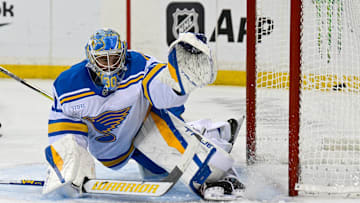 Nov 24, 2025; New York, New York, USA; New York Rangers center Vincent Trocheck (16) (not pictured) scores a goal past St. Louis Blues goaltender Joel Hofer (30) during the second period at Madison Square Garden. Mandatory Credit: Dennis Schneidler-Imagn Images