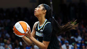 May 15, 2024; Arlington, Texas, USA;  Chicago Sky forward Angel Reese (5) shoots during the second half against the Dallas Wings at College Park Center. Mandatory Credit: Kevin Jairaj-Imagn Images