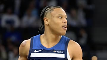 Feb 5, 2025; Minneapolis, Minnesota, USA; Minnesota Timberwolves guard Jaylen Clark (22) gets into position against the Chicago Bulls during the fourth quarter at Target Center. Mandatory Credit: Nick Wosika-Imagn Images