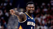 Oct 24, 2025; New Orleans, Louisiana, USA;  New Orleans Pelicans forward Zion Williamson (1) reacts to a play against the San Antonio Spurs during the second half at Smoothie King Center. Mandatory Credit: Stephen Lew-Imagn Images