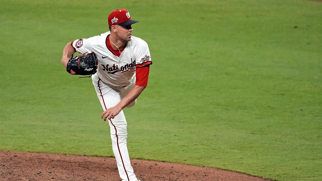 Jul 15, 2025; Cumberland, Georgia, USA; National League pitcher MacKenzie Gore (1) of the Washington Nationals pitches during the fifth inning during the 2025 MLB All Star Game at Truist Park.