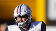 Nov 27, 2021; Tempe, Arizona, USA; Arizona Wildcats offensive lineman JT Hand (55) against the Arizona State Sun Devils during the Territorial Cup at Sun Devil Stadium. Mandatory Credit: Mark J. Rebilas-Imagn Images