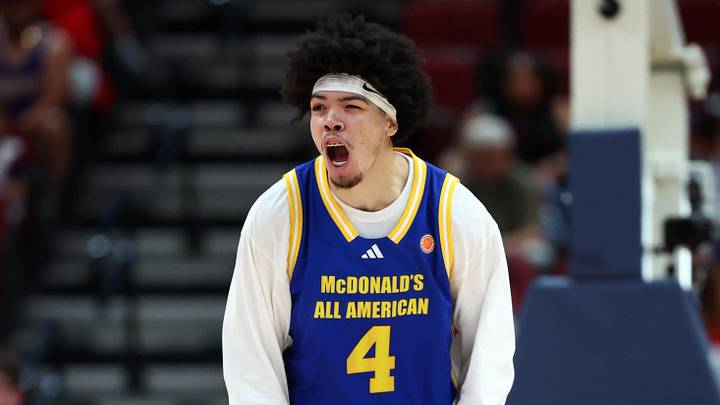 Mar 31, 2026; Glendale, AZ, USA; Tyran Stokes (4) celebrates during the McDonalds All American Boys Game at Desert Diamond Arena. Mandatory Credit: Mark J. Rebilas-Imagn Images