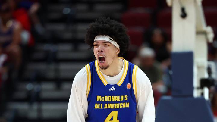 Mar 31, 2026; Glendale, AZ, USA; Tyran Stokes (4) celebrates during the McDonalds All American Boys Game at Desert Diamond Arena. Mandatory Credit: Mark J. Rebilas-Imagn Images