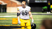 Apr 26, 2025; Iowa City, IA, USA; Iowa defensive lineman Aaron Graves (95) looks on during a spring NCAA football open practice at Kinnick Stadium. Mandatory Credit: Joseph Cress/For the Register