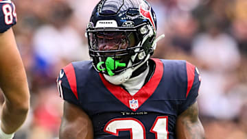 Oct 15, 2023; Houston, Texas, USA; Houston Texans running back Dameon Pierce (31) reacts during the first quarter against the New Orleans Saints at NRG Stadium. Mandatory Credit: Maria Lysaker-Imagn Images