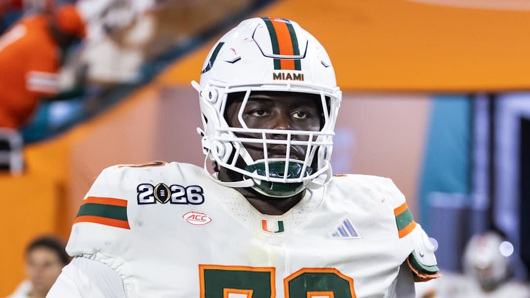 Jan 19, 2026; Miami Gardens, FL, USA; Miami Hurricanes offensive lineman Markel Bell (70) against the Indiana Hoosiers during the College Football Playoff National Championship game at Hard Rock Stadium.  