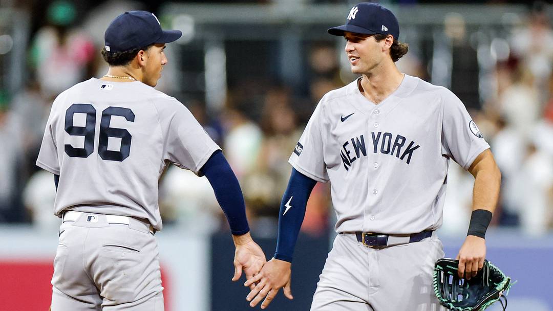 Sep 5, 2026; San Diego, California, USA; New York Yankees center fielder Spencer Jones (78) celebrates with shortstop George Lombard Jr. (96) after defeating the San Diego Padres at Petco Park. Mandatory Credit: David Frerker-Imagn Images Sep 5, 2026; San Diego, California, USA; New York Yankees center fielder Spencer Jones (78) celebrates with shortstop George Lombard Jr. (96) after defeating the San Diego Padres at Petco Park. Mandatory Credit: David Frerker-Imagn Images