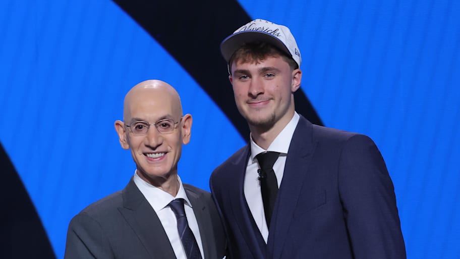 Cooper Flagg poses with NBA commissioner Adam Silver after being selected as first overall by the Dallas Mavericks. | Brad Penner-Imagn Images