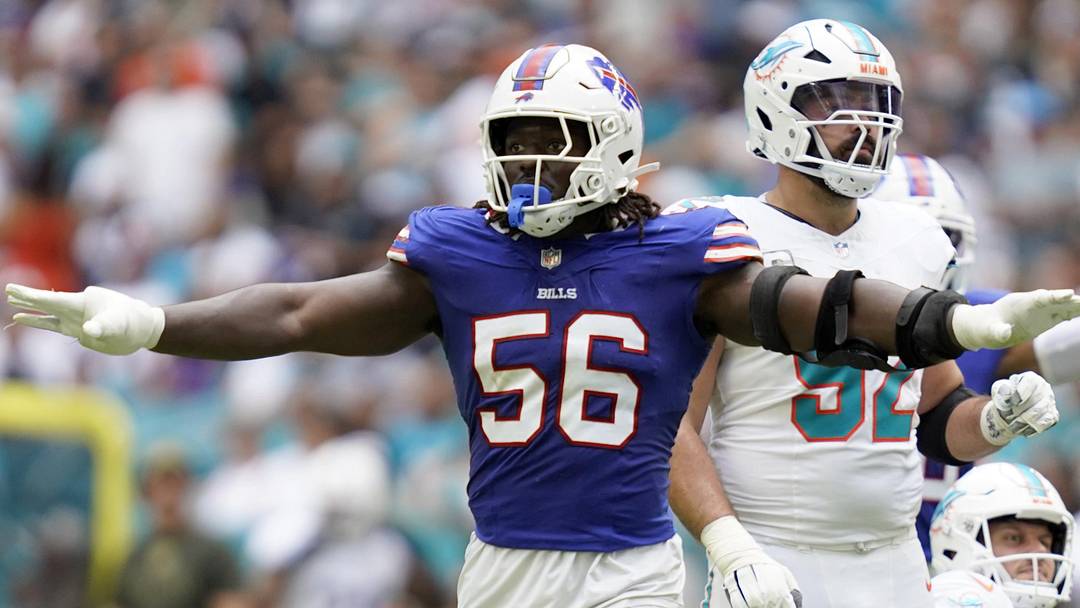 Nov 9, 2025; Miami Gardens, Florida, USA; Buffalo Bills defensive end Javon Solomon (56) celebrates after a missed field goal during the first half against the Miami Dolphins at Hard Rock Stadium. Mandatory Credit: Jeff Romance-Imagn Images