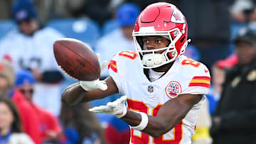 Nov 2, 2025; Orchard Park, New York, USA; Kansas City Chiefs wide receiver Tyquan Thornton (80) warms up before the game against the Buffalo Bills at Highmark Stadium.