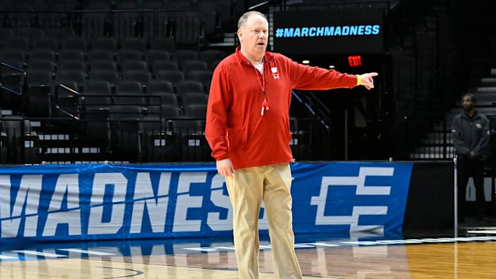 Mar 18, 2026; Portland, OR, USA; Wisconsin Badgers head coach Greg Gard directs drills during a practice session ahead of the first round of the men's 2026 NCAA Tournament at Moda Center. Mandatory Credit: Craig Strobeck-Imagn Images