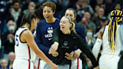 Nov 14, 2022; Storrs, Connecticut, USA; UConn Huskies guard Paige Bueckers (5) reacts with guard Azzi Fudd (35) after a play against the Texas Longhorns in the second half at Harry A. Gampel Pavilion. Mandatory Credit: David Butler II-Imagn Images