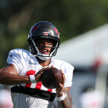 Aug 3, 2023; Tampa Bay, FL, USA;  Tampa Bay Buccaneers wide receiver Trey Palmer (10) participates in training camp at AdventHealth Training Center. Mandatory Credit: Nathan Ray Seebeck-USA TODAY Sports