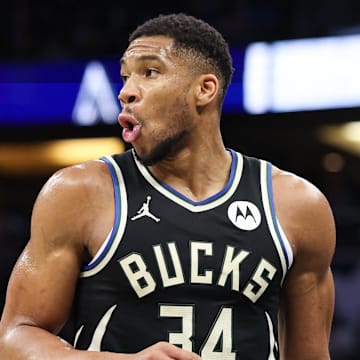 Jan 10, 2025; Orlando, Florida, USA; Milwaukee Bucks forward Giannis Antetokounmpo (34) reacts after a shot against the Orlando Magic in the first quarter at Kia Center. Mandatory Credit: Nathan Ray Seebeck-Imagn Images