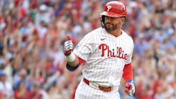 Mar 31, 2025; Philadelphia, Pennsylvania, USA; Philadelphia Phillies designated hitter Kyle Schwarber (12) gives the thumbs up after hitting a two-run home run during the seventh inning against the Colorado Rockies at Citizens Bank Park. 