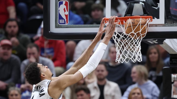 Mar 27, 2024; Salt Lake City, Utah, USA; San Antonio Spurs center Victor Wembanyama (1) dunks the ball against the Utah Jazz during the second quarter at Delta Center. Mandatory Credit: Rob Gray-USA TODAY Sports