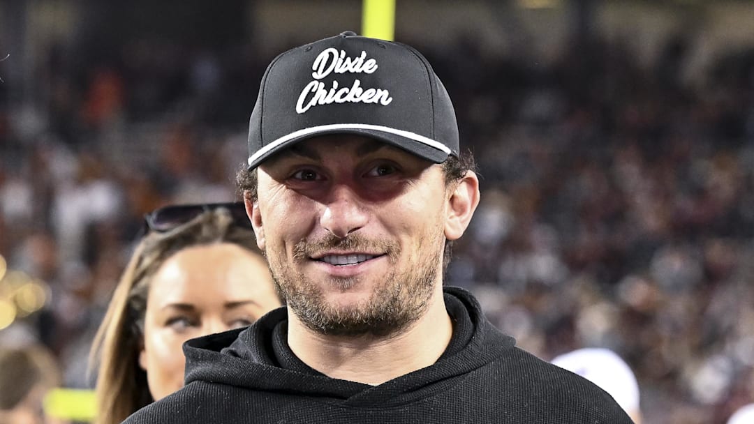 Nov 30, 2024; College Station, Texas, USA; Former Texas A&M and Cleveland Browns quarterback Johnny Manziel looks on prior to the game against the Texas Longhorns. The Longhorns defeated the Aggies 17-7 at Kyle Field. Mandatory Credit: Maria Lysaker-Imagn Images  