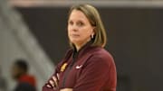 Feb 2, 2025; Los Angeles, California, USA; Minnesota Golden Gophers head coach Dawn Plitzuweit during the first quarter against the Minnesota Golden Gophers at Pauley Pavilion presented by Wescom. Mandatory Credit: Robert Hanashiro-Imagn Images