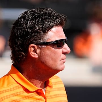 Oklahoma State head coach Mike Gundy is pictured before the college football game between the Oklahoma State Cowboys and the Arkansas Razorbacks at Boone Pickens Stadium in Stillwater, Okla.,, Saturday, Sept., 7, 2024.