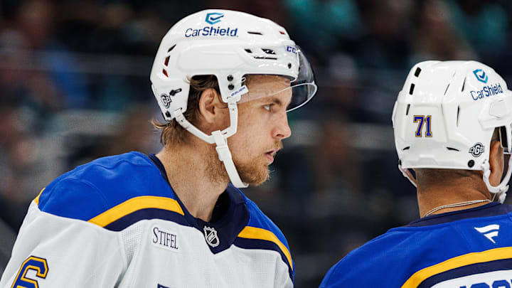 Oct 8, 2024; Seattle, Washington, USA; St. Louis Blues defenseman Philip Broberg (6) looks on against the Seattle Kraken during the first period at Climate Pledge Arena. Mandatory Credit: Caean Couto-Imagn Images
