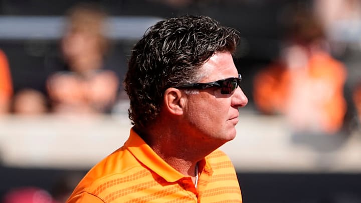 Oklahoma State head coach Mike Gundy is pictured before the college football game between the Oklahoma State Cowboys and the Arkansas Razorbacks at Boone Pickens Stadium in Stillwater, Okla.,, Saturday, Sept., 7, 2024.