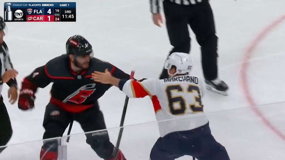 Marchand and Gostisbehere go after it. | Screenshot via TNT.