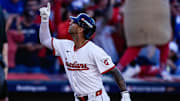 Cleveland Guardians second base Brayan Rocchio (4) celebrates after batting a solo home run against Detroit Tigers during the eighth inning of Game 2 of AL wild-card series at Progressive Field in Cleveland, Ohio on Wednesday, Oct. 1, 2025.
