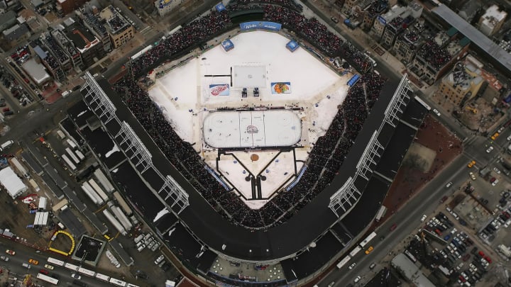 An aerial view of Wrigley Field as the Chicago Blackhawks take on the Detroit Red Wings during the 2009 Winter Classic. 