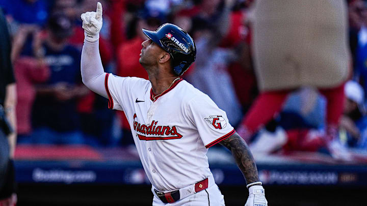 Cleveland Guardians second base Brayan Rocchio (4) celebrates after batting a solo home run against Detroit Tigers during the eighth inning of Game 2 of AL wild-card series at Progressive Field in Cleveland, Ohio on Wednesday, Oct. 1, 2025.