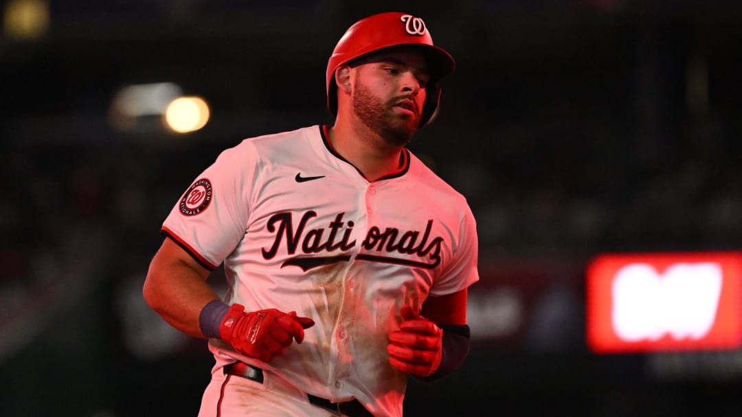 Aug 26, 2024; Washington, District of Columbia, USA; Washington Nationals first baseman Juan Yepez (18) rounds the bases after hitting a home run against the New York Yankees during the seventh inning at Nationals Park. 